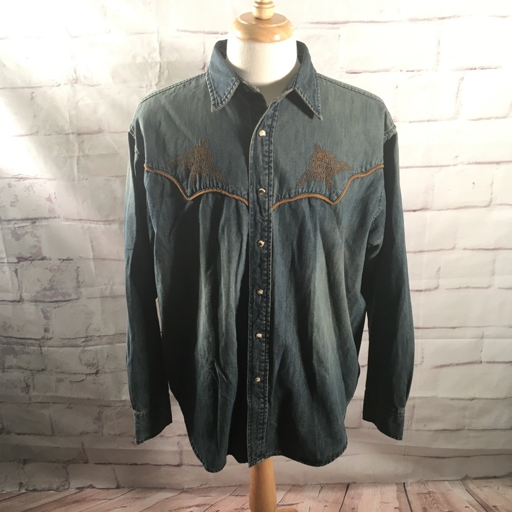 Wrangler Denim Western Button-Down Shirt in Faded Blue with Brown Trim